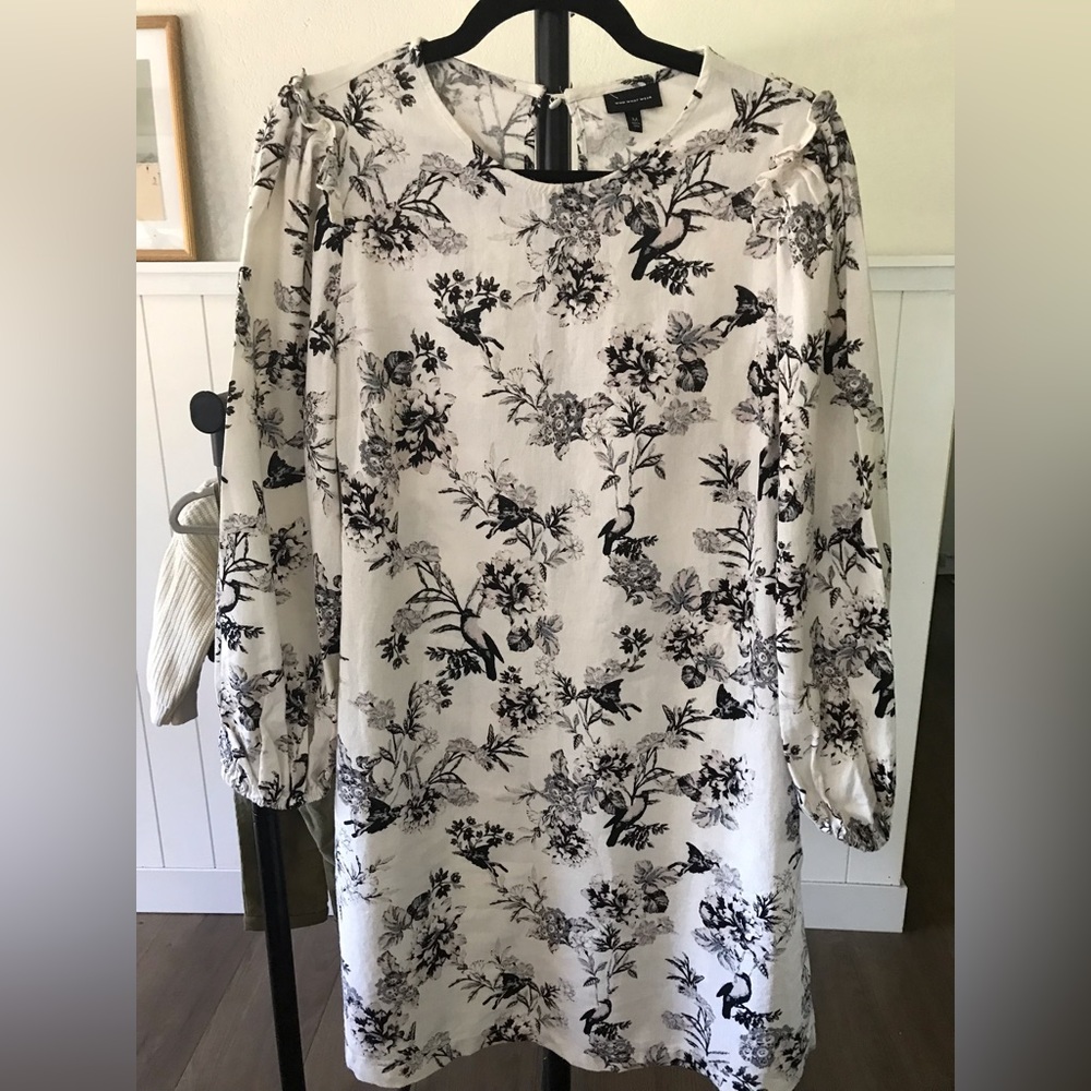 Linen dress/ cream/floral/bird print/long sleeve, patterned women’s shift dress